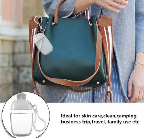 Vista 6 de 10 botellas vacías transparentes de 1 onza y 1.0 fl oz para desinfectante de manos, soporte de viaje, gancho para llavero, tapa abatible blanca