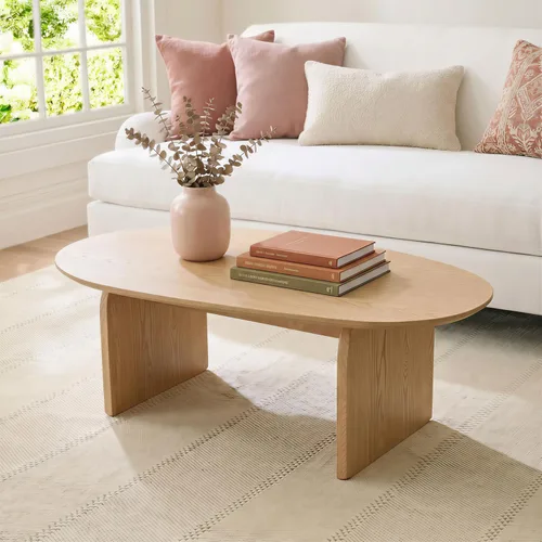 Vista 8 de Honyee - Mesa de centro moderna ovalada, pequeñas mesas de centro para la sala de estar - Parte superior de madera de roble con patas sólidas, mesa