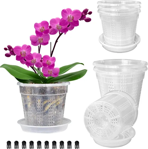 Vista 18 de Maceta de orquídeas con platillos, 4 de cada una de 4.3" y 5.5" macetas de orquídeas con agujeros, 8 piezas de macetas de plástico transparente