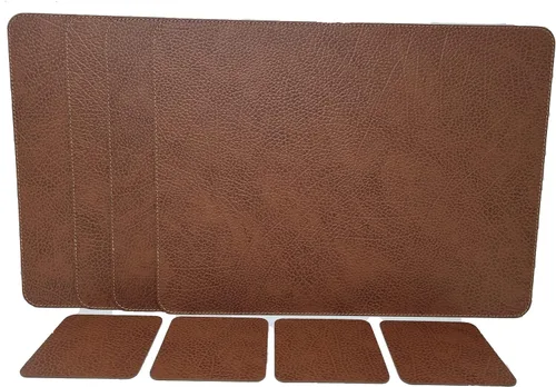 Vista 12 de Nikalaz Juego de 4 manteles individuales y 4 posavasos pequeños negros hechos de cuero reciclado, manteles individuales
