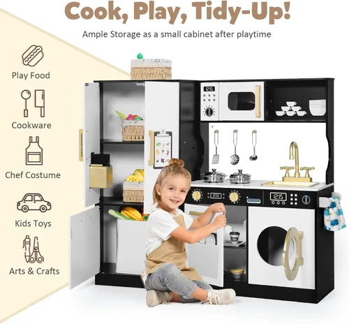 Vista 3 de TODEFULL Juegos de cocina para niños, juego de cocina de madera para niños, cocina de juguete interactiva con congelador, lavadora, máquina de hielo