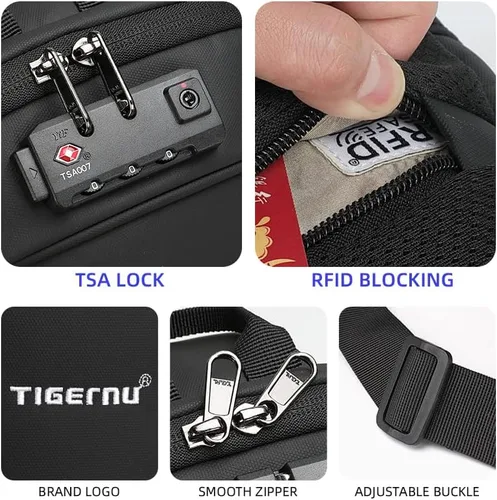 Vista 6 de Mochila antirrobo, mochila pequeña con bloqueo RFID, resistente al agua, con puerto USB