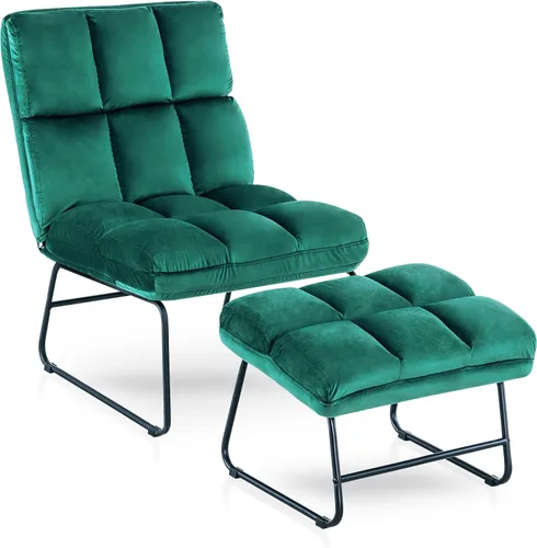 Vista 11 de MCombo Silla decorativa de terciopelo con otomana, acogedora silla de rincón de lectura para espacios pequeños, moderna silla sin brazos para Azul