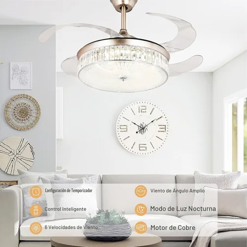 Vista 2 de STERREN Ventilador de techo de cristal de 42 pulgadas con luz, moderno y retráctil de montaje empotrado, de perfil bajo, sin aspas, ventilador