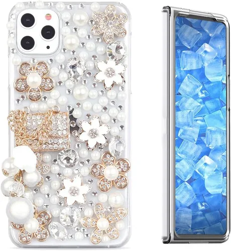 Vista 17 de Sparkle - Funda para teléfono compatible con Samsung Galaxy Z Fold 3 5G, elegante, hecha a mano en 3D, con diamantes de imitación, diseño