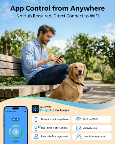 Vista 3 de Cerradura inteligente Philips, cerradura de puerta inteligente incorporada con WiFi, control remoto por aplicación, cerradura de puerta de entrada