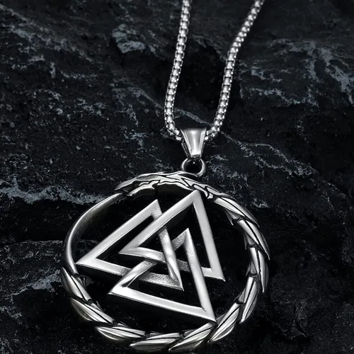 Vista 4 de Jude Jewelers Collar con colgante de brújula nórdico de acero inoxidable vikingo, valknut nórdico, runa de dragón y lobo, Metal, Circonia cúbica