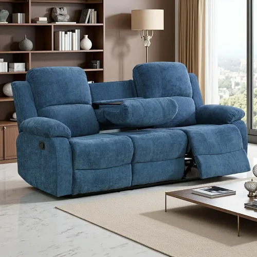 Vista 22 de Juego de Muebles para Sala de Estar, Juego de Sofá Reclinable Manual, Juegos de Sofás Reclinables de Cuero Beige con Mesa Desplegable, Sofá
