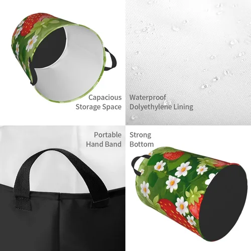 Vista 4 de Strawberry and flower print Circular Hamper Waterproof Storage Bin Organizer Basket Laundry Hamper With Handles For Clothes Toys Small