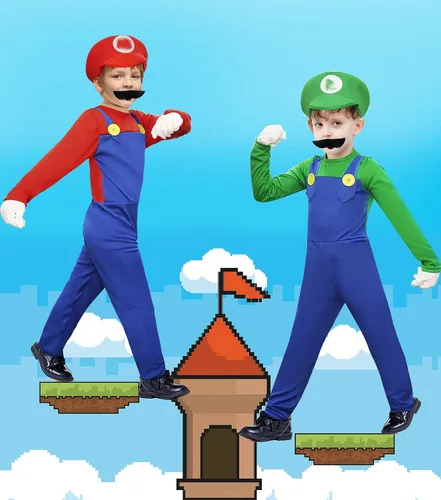 Vista 6 de BOMLY Disfraz de Super Mario para niños, disfraz de fontanero de Halloween con accesorio