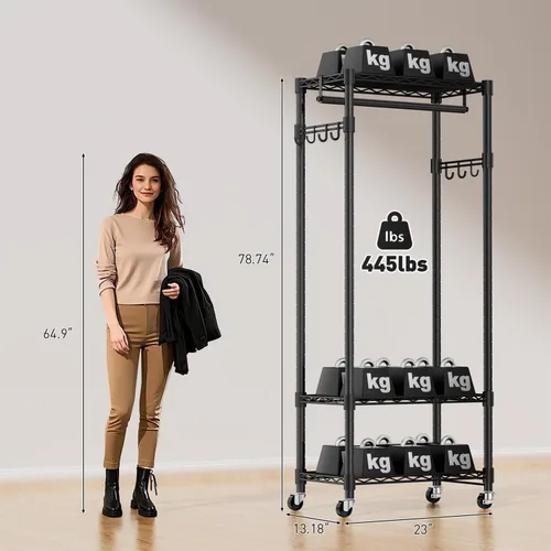 Vista 4 de VyGrow Perchero de Ropa, Perchero de Ropa para Colgar Ropa, Sistema Organizador de Closet Ajustable de 3 Niveles con Cajón Barra para Colgar