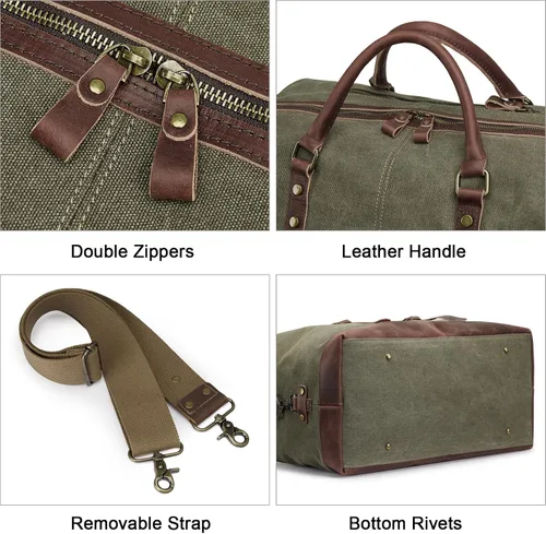 Vista 6 de S-ZONE - Bolsa de viaje de lona sobredimensionada con adornos de cuero genuino, bolsa deportiva de hombro de fin de semana, bolso de fin de semana