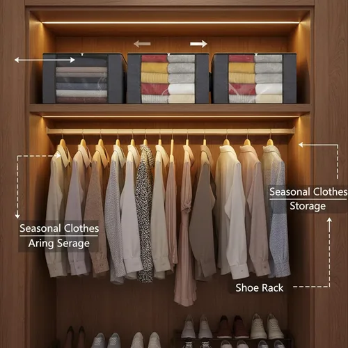Vista 5 de Bolsas de almacenamiento grises de 90 L con tapas, cremallera y ventana transparente, paquete de 3 organizadores plegables grandes de armario