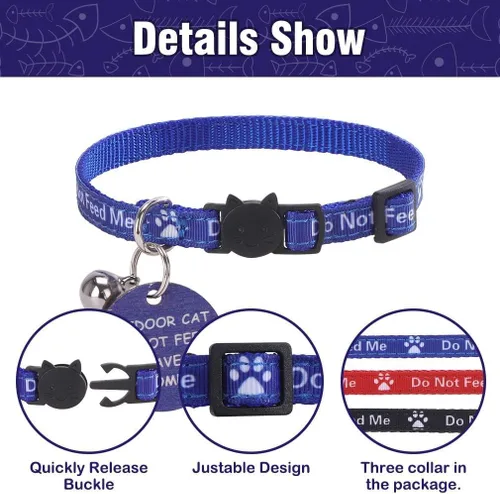 Vista 5 de KOOLTAIL Collar de gato con campana, paquete de 3 collares para gatos con tabla de advertencia para colgar «Do Not Feed Me», lindo collar ligero