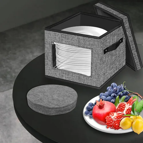 Vista 8 de homyfort Contenedores de almacenamiento de China con tapa y asas, caja de almacenamiento de vajilla para platos con 12 separadores de fieltro