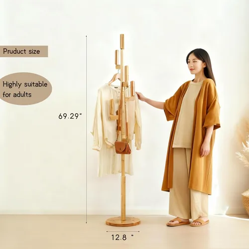 Vista 5 de Perchero de bambú Cactus para abrigos y ropa, estante de ropa independiente con 6 ganchos para adultos y niños, perchero resistente y moderno