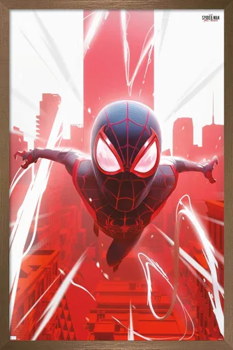 Vista 15 de Marvel's Spider-Man: Miles Morales - Póster de Falling Wall, 22.4 pulgadas de largo x 14.7 pulgadas de ancho, versión enmarcada de madera de granero