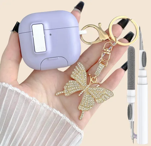 Vista 11 de Bonita funda rosa para Airpods de 4 generación con cerradura y llavero de mariposa brillante para mujeres femeninas, funda rígida transparente única
