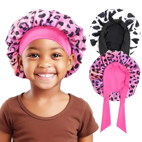 Vista 10 de Lolalet 2 piezas de cofias para niñas, cofia reversible de seda para dormir, cofia de satén con banda elástica ancha - Morado y Rosa A -Púrpura+Rosa