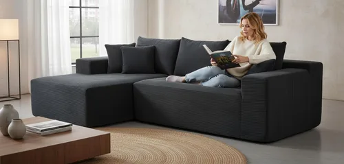 Vista 11 de Container Furniture Direct Ridge - Sofá convertible de pana en forma de L de 2 piezas en caja con almohadas, sofá modular de 3 plazas, muebles