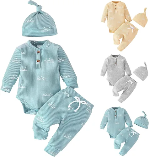 Vista 3 de TBUIALL Ropa para niños pequeños, trajes de tres piezas, conjunto de ropa de algodón acanalado de manga larga con estampado solar y botón