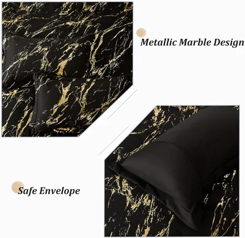 Vista 5 de WONGS BEDDING Juego de edredón de mármol metálico negro dorado Queen con estampado de lámina brillante y purpurina, juegos de ropa de cama con 2
