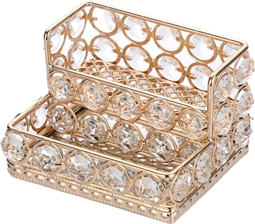 Vista 9 de Hipiwe Soporte para Tarjetas de Visita de Cristal de 2 Niveles Dorado Espejado Soporte de Exhibición de Tarjetas de Visita Organizador de Escritorio
