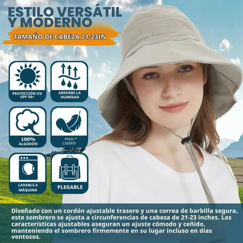 Vista 3 de Women's Cotton Sun Hat with Neck Flap, UV Protection Wide Brim Outdoor Hat Caqui