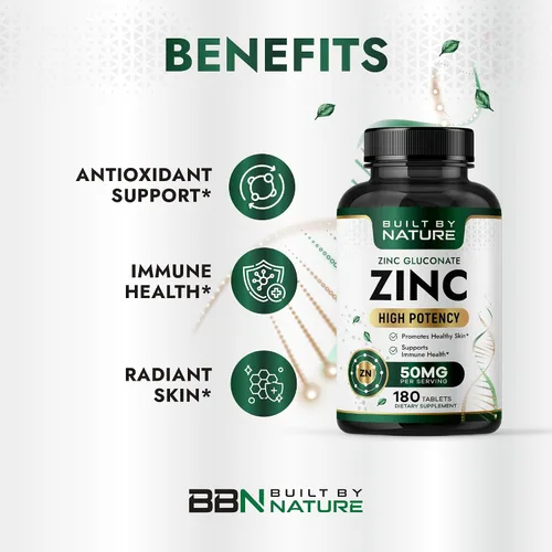 Vista 2 de Built By Nature Zinc 50 mg, 180 comprimidos de gluconato de zinc, altamente absorbente, apoyo inmunológico y antioxidante, sin OMG, sin gluten