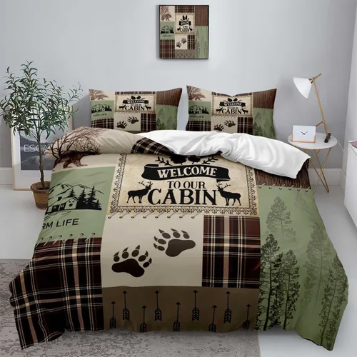 Vista 22 de LUVIVIHOME 2 piezas de funda de edredón con diseño de osos, alces y ciervos en negro, juego de cama individual, ropa de cama rústica de estilo La