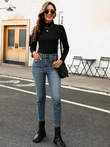 Vista 5 de KYLELOVE Camisetas térmicas de manga larga con cuello alto para mujer, básicas, ajustadas, para otoño e invierno