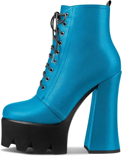 Vista 2 de HDEUOLM Botas de tobillo con tacón alto de bloque grueso para mujer, puntera redonda, botines cortos con cordones y cremallera, zapatos clásicos