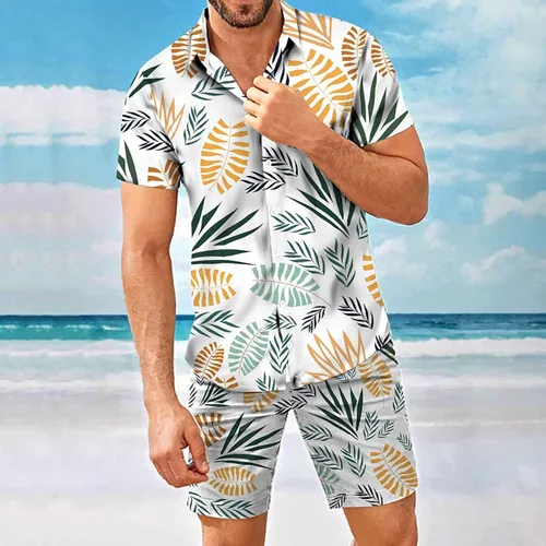 Vista 4 de SHENGXINY Conjunto hawaiano de 2 piezas para hombre, camisa floral con botones y pantalones cortos, conjunto deportivo de manga corta para hombre