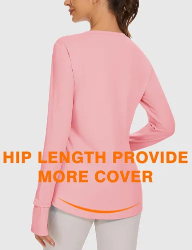 Vista 5 de Blingfit Camisas de entrenamiento para mujer, camisetas atléticas de manga larga UPF 50+, camisetas de protección solar con agujero para el pulgar