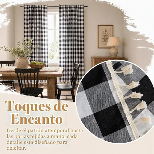 Vista 4 de ShinyBeauty Cortinas de cocina a cuadros negros de búfalo 2 paneles de cortinas opacas con borlas y bolsillo para barra, cortinas opacas de 63