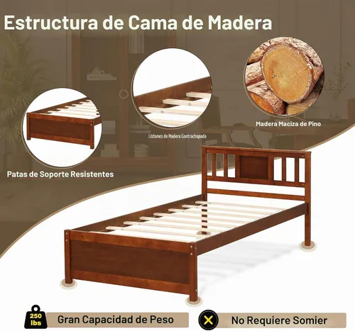 Vista 5 de KOMFOTT Base de cama de plataforma de madera individual con cabecero, plataforma de madera maciza con soporte de listones y almacenamiento debajo