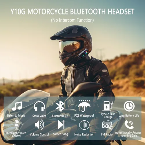 Vista 2 de Auriculares Bluetooth para casco de motocicleta Y10G, auriculares inalámbricos 5.3 de 1000mAH con micrófono duro, cancelación de ruido, sonido