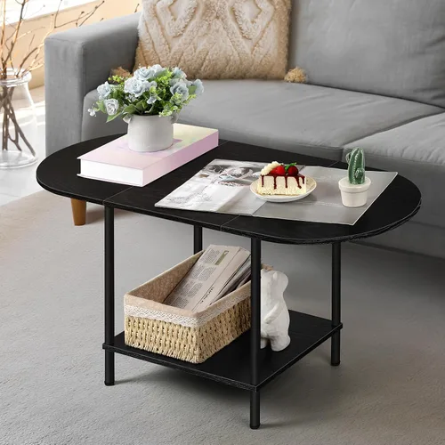 Vista 8 de OYEAL Mesa de Café Negra para Sala de Estar, Mesa Central Pequeña de 2 Niveles Ovalada, Mesa de Té Redonda de Granja de Media Siglo con Estante