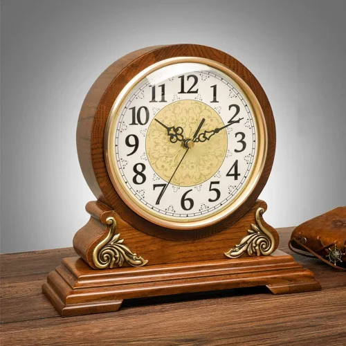 Vista 8 de FBITE - Reloj de mesa antiguo de madera de roble, reloj de estante decorativo con pilas, reloj de mesa de vidrio HD, fácil de leer