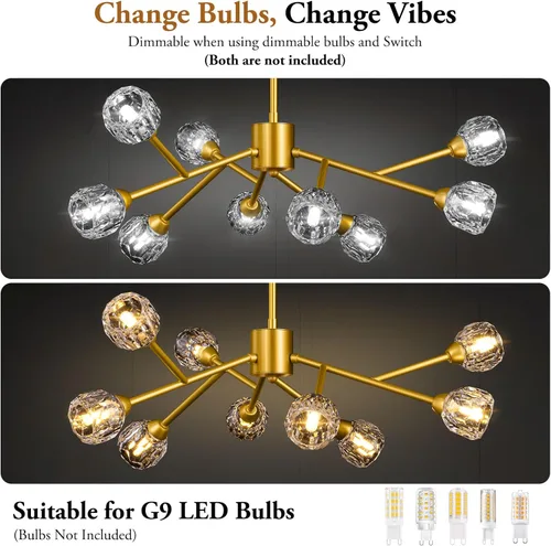 Vista 5 de 9-Light Sputnik Chandeliers, Gold Dining Room Light Fixture Over Table, Modern Crystal Chandelier, Brass Farmhouse Ceiling Light Fixture Hanging for