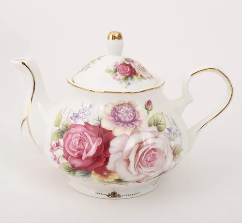 Vista 3 de Juegos de té de cerámica europeos de 15 piezas,Juego de café de porcelana de hueso con soporte de metal,Colorida rosa pintura calabaza café té