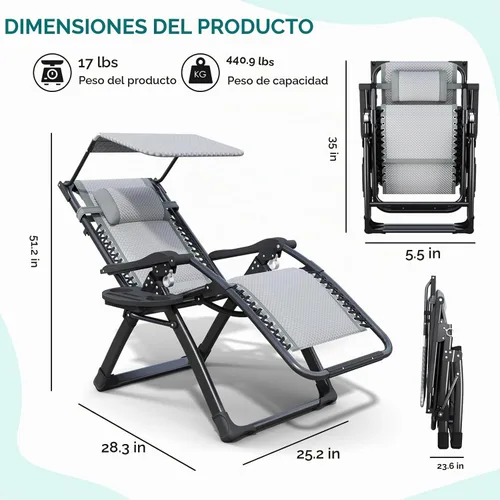 Vista 2 de ATORPOK Silla de gravedad cero con toldo, reclinable plegable para patio