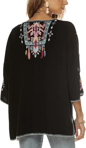 Vista 6 de Vakakado Blusas bordadas mexicanas bohemias para mujer, camisas tradicionales bohemias campesinas de manga 34, ropa hippie, blusa tipo túnica