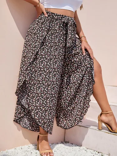 Vista 3 de MakeMeChic Pantalones de pierna ancha con cintura alta y lazo frontal para mujer, talla grande