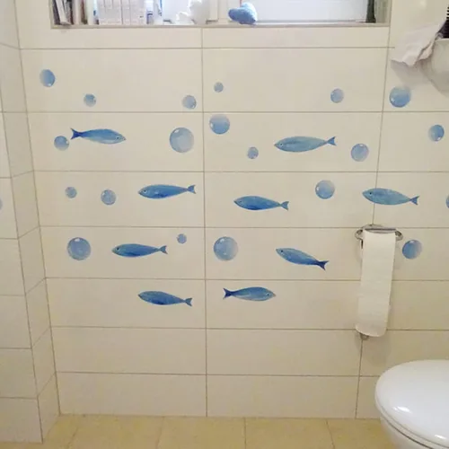 Vista 4 de Calcomanías de burbujas de acuarela para baño, lavandería, 23 calcomanías de burbujas azules pintadas a mano, decoración de baño, sala de estar