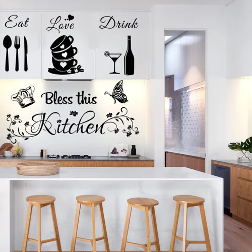 Vista 2 de Calcomanías de Pared Bless This Kitchen - Pegatinas de Vinilo DIY Arte Despegar y Pegar Calcomanías de Pared para Hogar Oficina Escuela Café