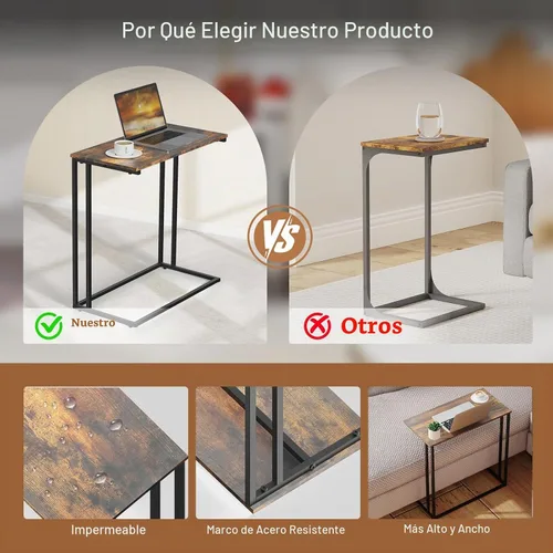 Vista 8 de Mesa auxiliar en forma de C con parte superior de madera marrón rústica Marrón rústico