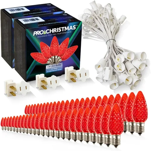 Vista 44 de Pro Christmas - Kit de luces C9 para exteriores, blanco cálido, cable verde, 50 bombillas, 50 pies