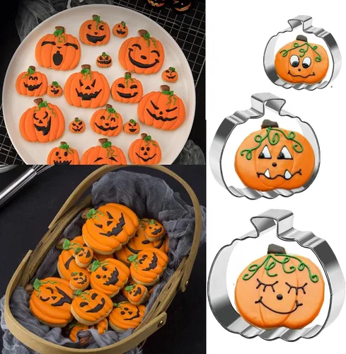 Vista 3 de Juego de cortadores de galletas de calabaza, 4 pulgadas, 3.22 pulgadas, 2 pulgadas, cortadores de galletas grandes para otoño, Halloween, Acción