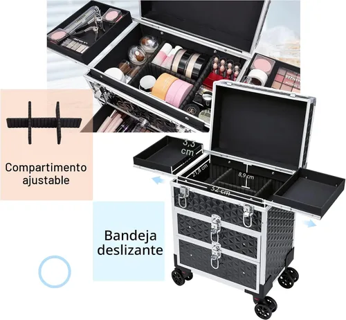 Vista 3 de FRENESSA Estuche Profesional Rodante para Maquillaje de Aluminio con Carrito de Tren y Ruedas para Organizador de Cosméticos de Viaje con Cajones